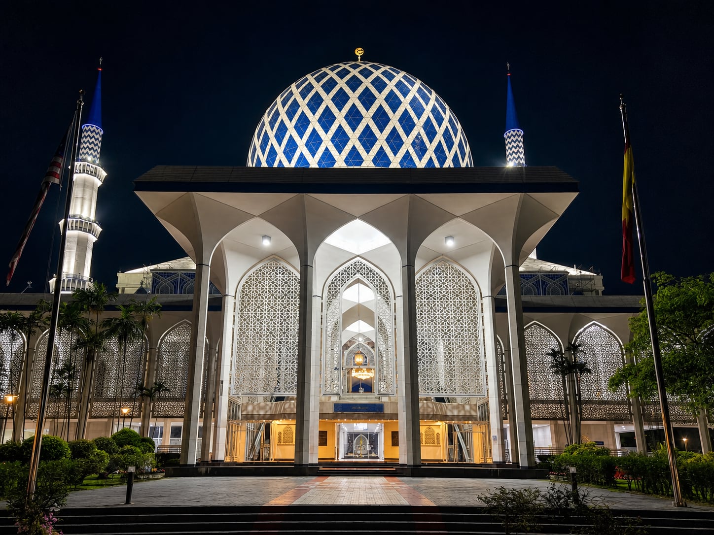 The Blue Mosque in Shah Alam, Malaysia, lit up at night